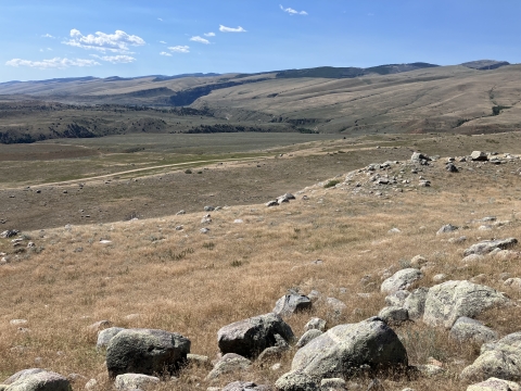 landscape of rocks and dry grasses with hills and blue sky in background
