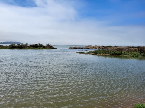Blue skies with clouds, water with island and peninsulas.