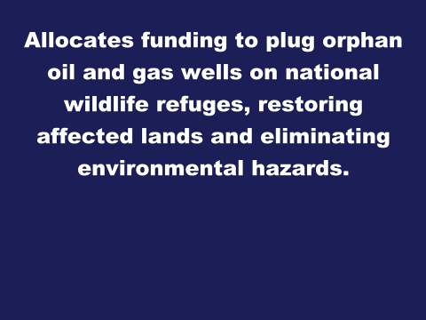 Image reads Allocates funding to plug orphan oil and gas wells on national wildlife refuges, restoring affected lands and eliminating environmental hazards.