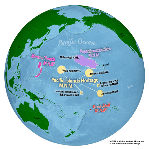 Map of all four Marine National Monuments of the Pacific