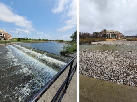 Side-by-side comparison of a riverbed with and without water: the left image shows a flowing river over a dam, while the right image depicts a dry, rocky riverbed with a building in the background.