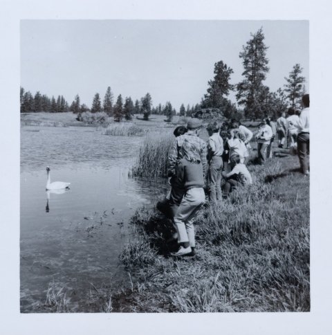 A black and white phot of a group of about 15 students at the edge of a pond looking at a swan.