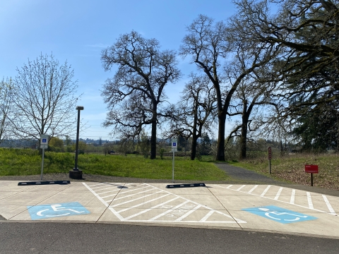 Image of two concrete parking spots with wide white diagonal stripes between them and blue accessibility symbols in them. Trees, grass, and blue sky are in the background.