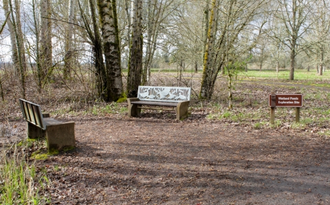 Image of a brown natural surface area with two gray metal benches a sign and leafless trees in the background.