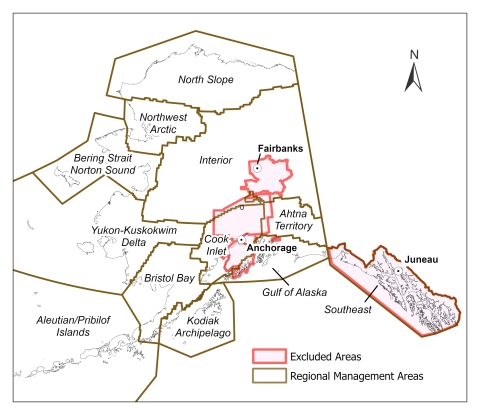 Map of the state of Alaska with the regional management and excluded areas highlighted for migratory bird subsistence hunting