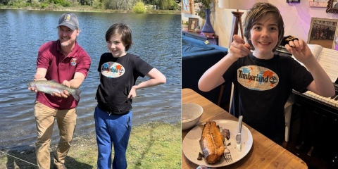 Two images. On the left, a Service staff member and youth event participant posing with a rainbow trout. Lake and trees in the background. On the right. An event participant posing at his dinning table with a cooked trout on a plate.