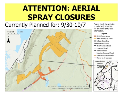 The map reads aerial spray closures and shows sections of Hart Mountain National Antelope Refuge that will be closed for aerial spraying.