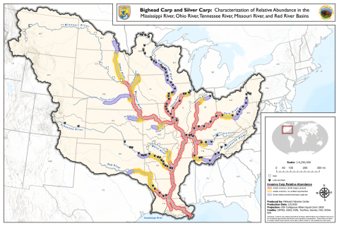 Map of the United States showing the expanse of the Mississippi River Watershed with lock and dams noted. Invasive carp relative abundance is shown throughout the watershed with areas where adults are common with all life stages present and areas with no verified reproduction, and areas with some adult presence or individual captures.