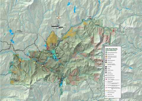 Little Pend Oreille National Wildlife Refuge hunting map shows the approved refuge boundaries, and identifies private land and Washington Department of Natural Resource land within the approved refuge boundary. The Refuge is located 6 miles east of Coville. The refuge is covered in labeled bodies of water, including McDowell Lake and Bayley Lake within the Refuge boundaries. The map identifies dispersed campsites, refuge entrances, refuge headquarters, restrooms, hiking trails, fishing locations, wildlife.
