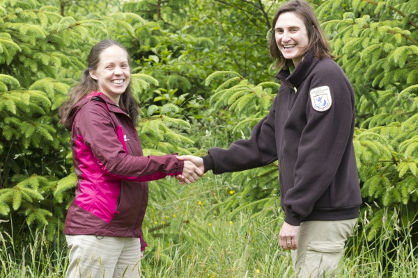 Partners for Fish and Wildlife Biologist Meeting with North Coast Land Conservancy Executive Director Katie Voelke in Seaside, Oregon