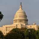 U.S. Capitol building in the sun with tops of trees in foreground