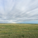 A hilly grassy landscape under a blue sky
