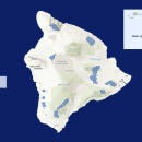 A map of Hawaiʻi Island showing the designated critical habitat for 12 species. Final critical habitat is outlined in blue.