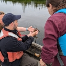 Researchers holding aquatic vegetation from the lake while sitting on the side of a boat.
