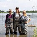 three people in waders stand in a wetland