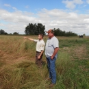A biologist and a landowner standing in a grassy field looking at the landscape as they discuss restoration potential