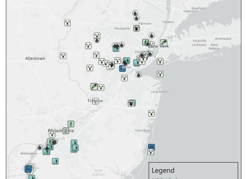 A map displaying the location of projects associated with Natural Resource Damage Assessment and Restoration cases in New Jersey.
